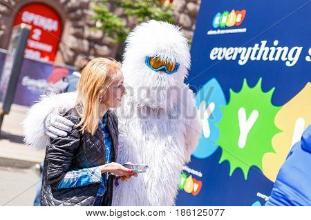 Kyiv, Ukraine - May 12h, 2017: The central fan zone of Eurovision 2017 in Kiev. Guests and residents of the capital are happy and celebrating