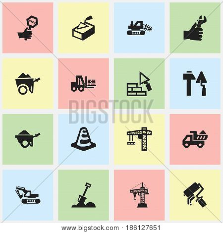 Set Of 16 Editable Construction Icons. Includes Symbols Such As Spatula, Elevator, Endurance And More. Can Be Used For Web, Mobile, UI And Infographic Design.