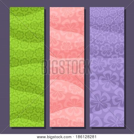 Vector set vertical banners for Spring season: 3 layouts with floral background, Flowers templates for title text, springtime flyers with lilac flower art backdrop, mockup with spring abstract pattern