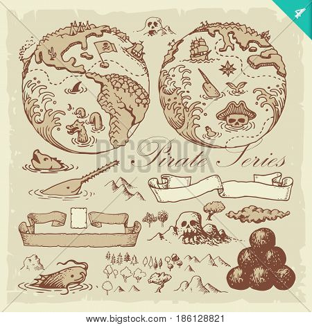 Vintage illustration of pirate related sketches. Layered vector set.