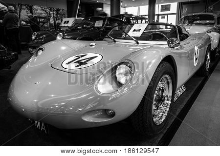 STUTTGART GERMANY - MARCH 02 2017: Racing car Porsche 718 RSK Spyder Tribute 1970. Black and white. Europe's greatest classic car exhibition 