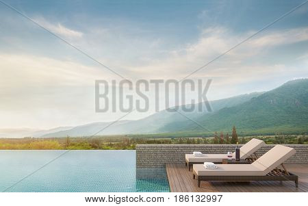 Swimming pool terrace with mountain view 3d rendering image.There are border less swimming pool and surrounding with nature and mountains