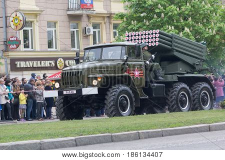 Donetsk Ukraine - May 9 2017: Multiple launch rocket system BM-21 army of the Donetsk People's Republic at the military parade in honor of the anniversary of victory in World War II