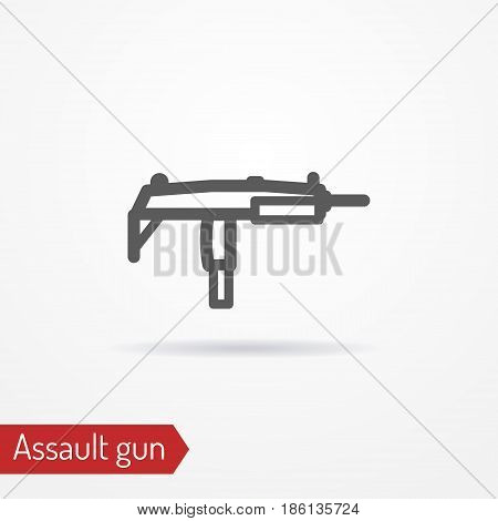 Abstract compact assault firearm. Submachine gun isolated icon in line style with shadow. Typical gangster or criminal weapon. Military vector stock image.