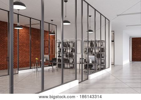 Side view of an office room with glass and brick walls concrete floor and two bookcases standing near a computer desk. 3d rendering