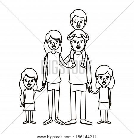 silhouette caricature big family parents with boy on his back and daugthers taken hands vector illustration