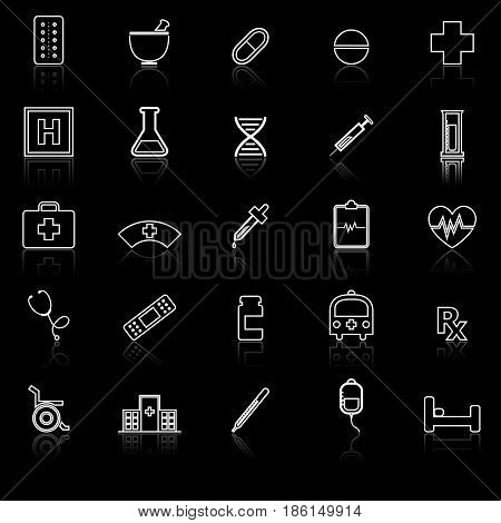 Pharmacy line icons with reflect on black background, stock vector
