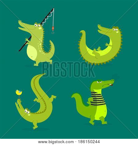 Cartoon green crocodile funny predator and australian wildlife river reptile carnivore alligator scales teeth flat vector illustration. Tropical africa safari zoo character crocodylus.