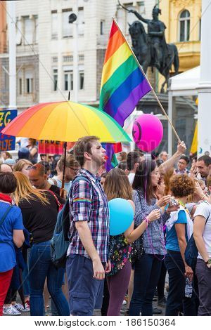ZAGREB, CROATIA - JUNE 11, 2016: 15th Zagreb pride. LGBTIQ activists on Ban Josip Jelacic square.