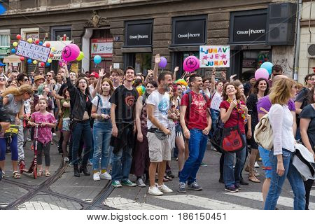 ZAGREB, CROATIA - JUNE 11, 2016: 15th Zagreb pride. LGBTIQ activists on street.