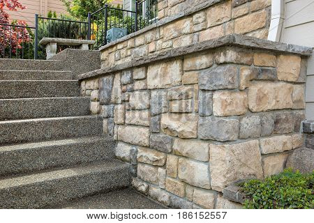 Cultured stone work on front of house in suburban residential neighborhood