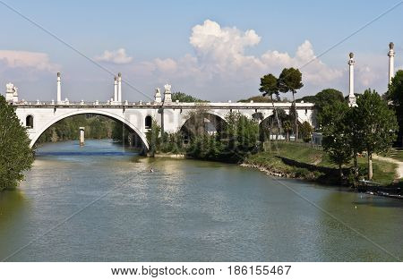 Rome, Italy-12, 2017 :  Tiber river and the Flaminio Bridge from Milvio Bridge