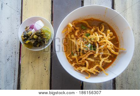 Khao Soi , Northern Thai Style Curried Noodle Soup with Chicken