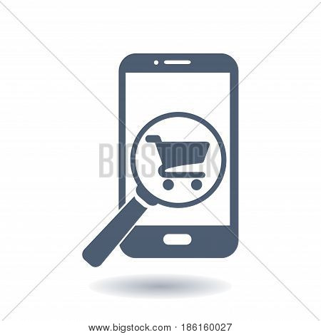 Glass searching for shoping on smart phone. Online shoping icon.