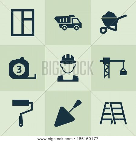 Building Icons Set. Collection Of Truck, Spatula, Glass Frame And Other Elements. Also Includes Symbols Such As Hook, Barrow, Stair.