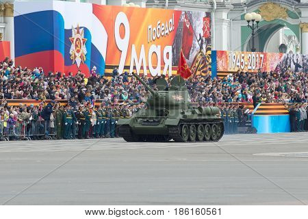 ST. PETERSBURG, RUSSIA - MAY 07, 2017: Soviet T-34-85 tank on the dress rehearsal of parade in honor of Victory Day