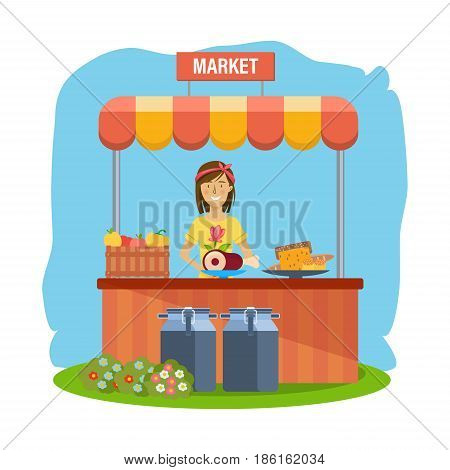 Organic health market. Pure natural food, agriculture, clean environment, farming, shopping. Cashier sells eco products. Vector illustration isolated on white background in cartoon style.