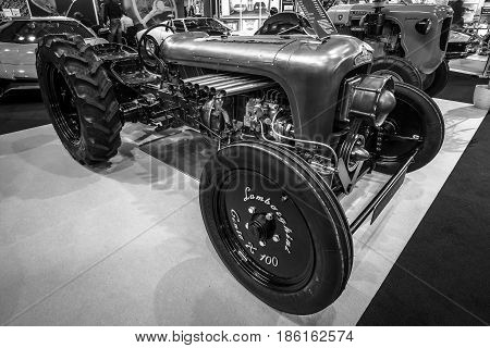 STUTTGART GERMANY - MARCH 02 2017: Tractor Lamborghini 1965. Black and white. Europe's greatest classic car exhibition "RETRO CLASSICS"
