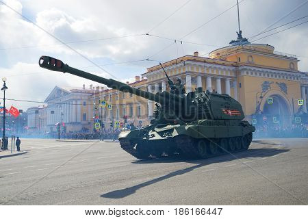 SAINT PETERSBURG, RUSSIA - MAY 09, 2017: Heavy self-propelled artillery 