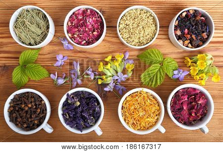 Rose petals and marigold and other herbs for aromatherapy herbal medicine.