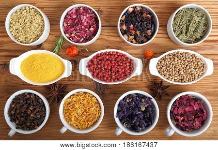 Rose petals and marigold and other herbs for aromatherapy herbal medicine. Spices.