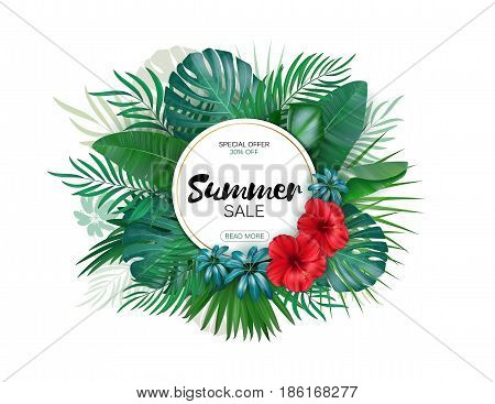 Sale. Round summer sale tropical leaves freme. Tropical flowers, leaves and plants background