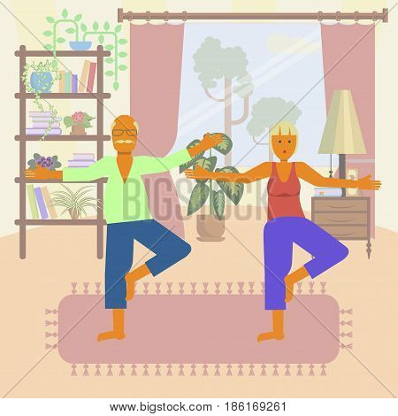 Elderly people doing exercises. Healthy active lifestyle retiree. Sport for grandparents, elder fitness, yoga for Seniors isolated on white background. Vector illustration eps10