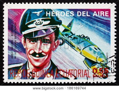 EQUATORIAL GUINEA - CIRCA 1977: a stamp printed in Equatorial Guinea shows Adolf Galland German Luftwaffe General and Flying Ace circa 1977