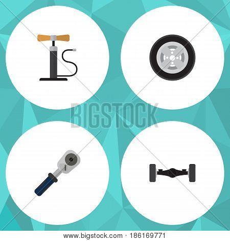 Flat Auto Set Of Tire, Ratchet, Wheel Pump And Other Vector Objects. Also Includes Car, Wheel, Tire Elements.