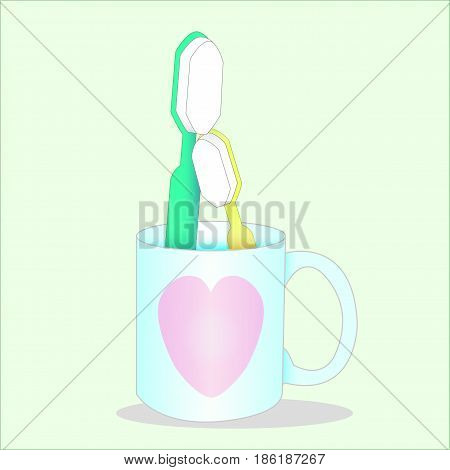 green toothbrush and yellow toothbrush in lovely heart blue glass. Vector . Illustration.graphic design.