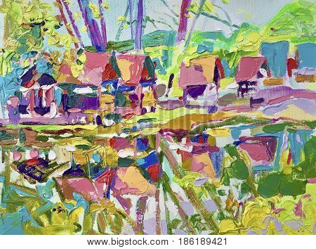 plein air oil painting of rural landscape, contemporary art composition of Ukrainian village