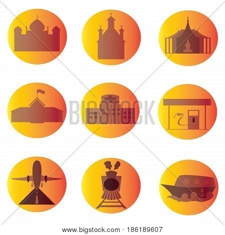 public places, religious places and transport place in circle logo. yellow and orange tone. Vector. Illustrator. graphic design.