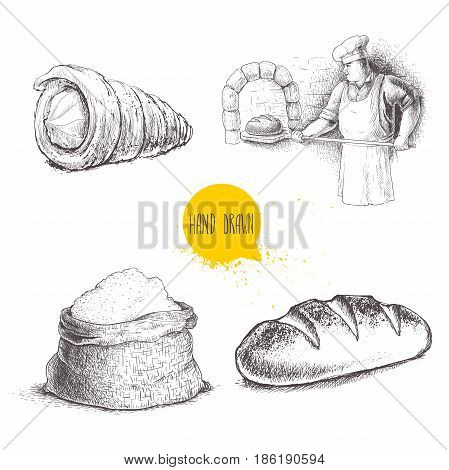Hand drawn set bakery illustrations. Baker making fresh bread in stone oven cream roll fresh baguette and flour sack isolated on white background.