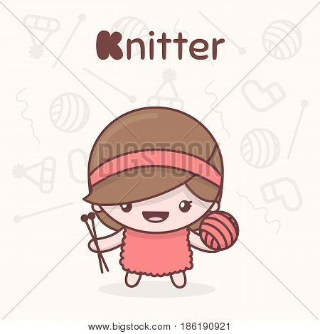 Cute Chibi Kawaii Characters. Alphabet Professions. Letter K - Knitter