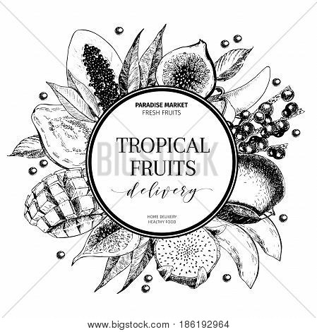 Vector hand drawn smoothie bowls poster. Exotic engraved fruits. Round border composition. Banana, mango, papaya, pitaya, acai, lychee, fig. for exotic restaurant market food delivery