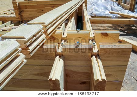 A process of building of wooden house at 
countryside.
