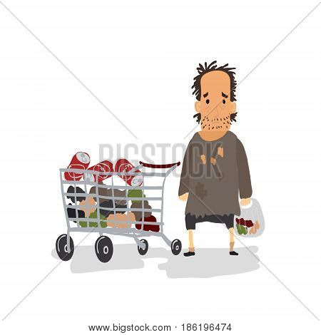 Cartoon Homeless with Shopping Cart. Vector illustration