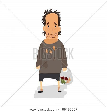 Homeless. Shaggy man in dirty rags and with a bag in his hand. Vector illustration