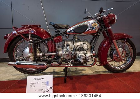 STUTTGART GERMANY - MARCH 02 2017: Motorcycle Zuendapp 601 1952. Europe's greatest classic car exhibition 