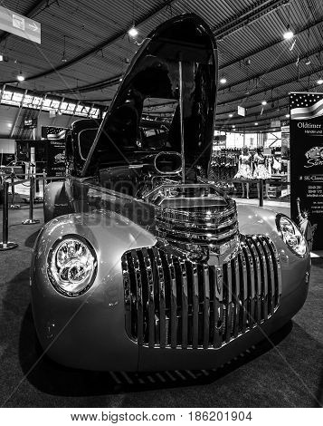 STUTTGART GERMANY - MARCH 02 2017: Pickup Chevrolet AK Series 1946. Black and white. Europe's greatest classic car exhibition "RETRO CLASSICS"