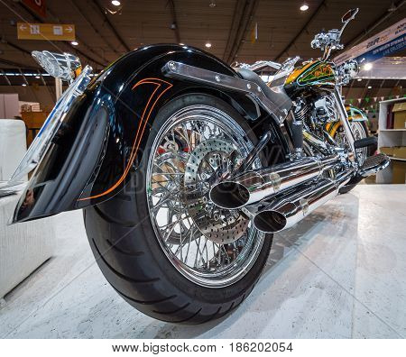 STUTTGART GERMANY - MARCH 02 2017: Classic motorcycle Harley-Davidson. Rear view. Europe's greatest classic car exhibition "RETRO CLASSICS"