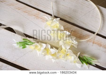 white daffodils with butterflies, spring background of flowers.