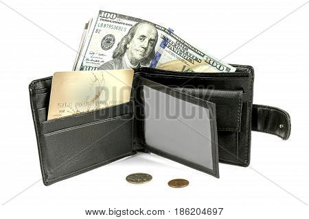 A purse money a plastic card and a trifle