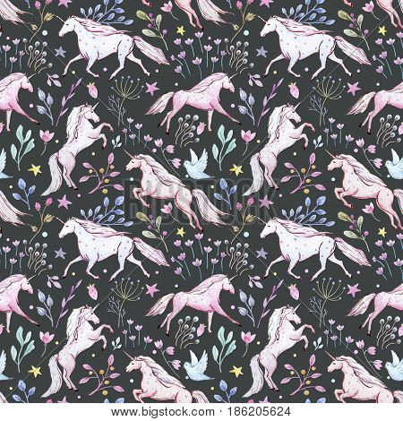Beautiful seamless baby pattern with watercolor unicorn and flowers from fairy tale