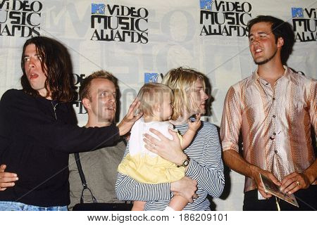 LOS ANGELES - SEP 2:  Nirvana, Frances Bean Cobain, Kurt Cobain at the 10th Annual MTV Video Music Awards at the Universal Ampitheater on September 2, 1993 in Los Angeles, CA