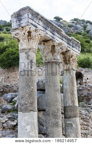 The ruins of the ancient antique city of Ephesus the library building of Celsus