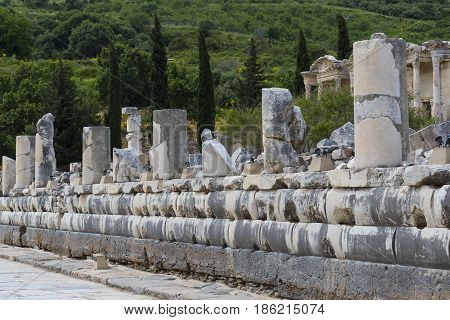 The ruins of the ancient antique city of Ephesus the library building of Celsus