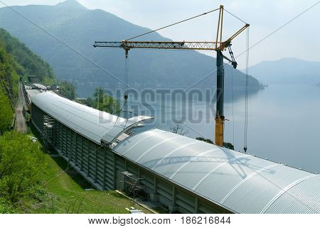 Workers During The Installation Of Noise Barriers On The Highway