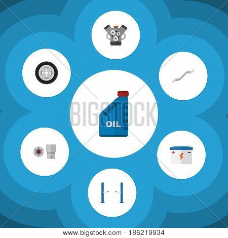 Flat Service Set Of Auto Jack, Tire, Motor And Other Vector Objects. Also Includes Ratchet, Wheel, Lifting Elements.