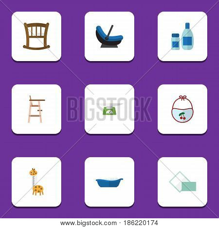 Flat Kid Set Of Napkin, Infant Cot, Pinafore And Other Vector Objects. Also Includes Pinny, Lotion, Giraffe Elements.
